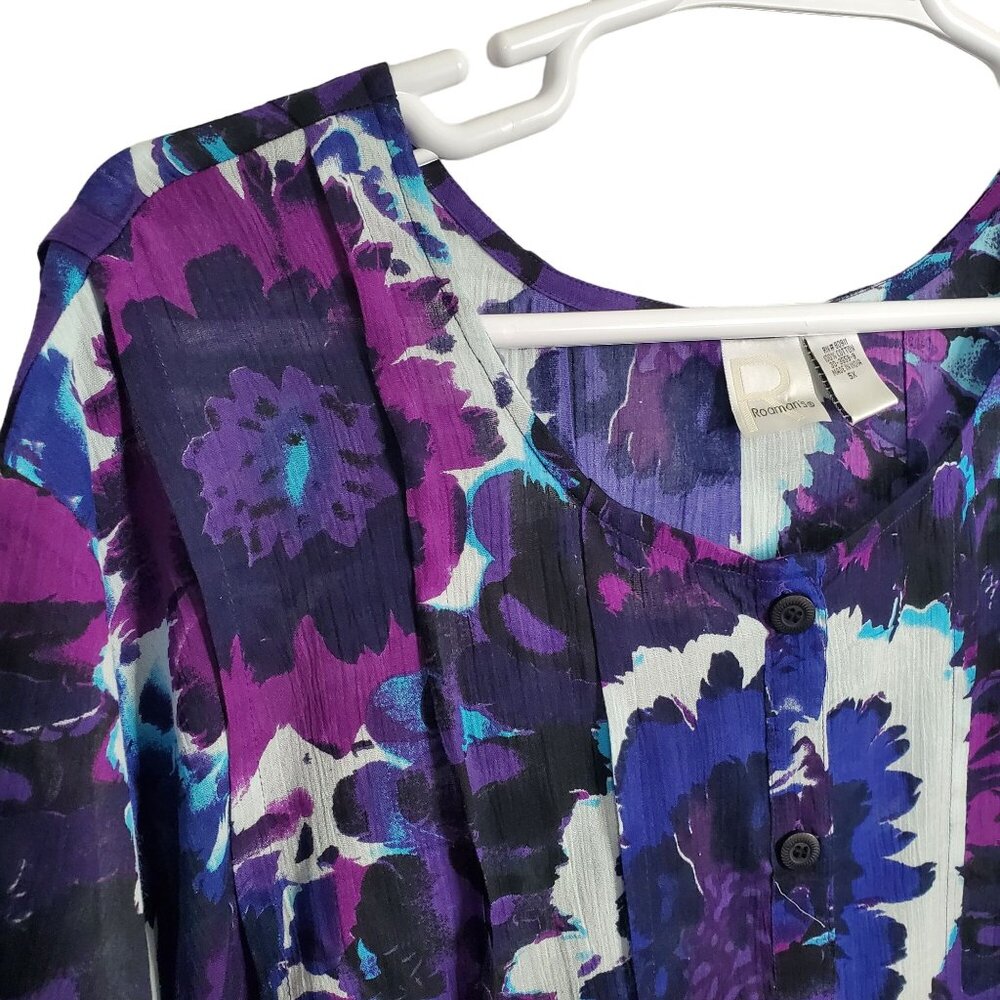 Roamans NWOT Sz 5X Tunic Button Blouse Floral Print Gauzy Crinkle Cotton Purple - Picture 6 of 12